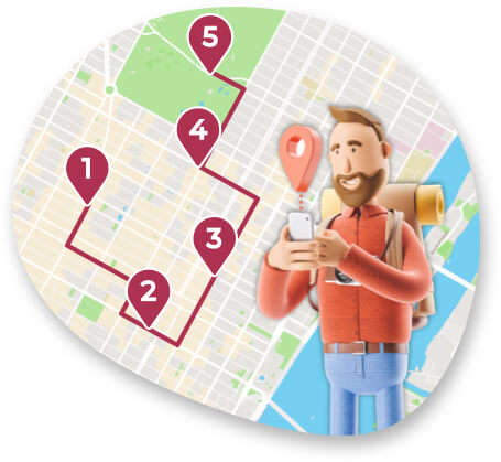 Illustration of a traveller holding a phone trying to find a location